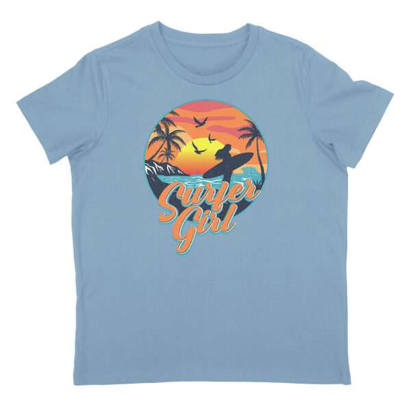 Surfer Girl women's t-shirt in Carolina Blue with retro sunset surf graphic