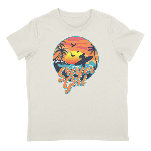 Surfer Girl women's t-shirt in Ecru with retro sunset surf graphic